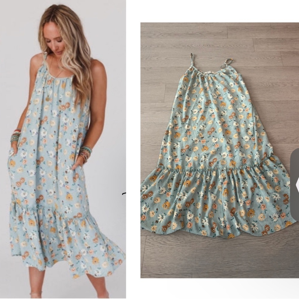 Three Bird Nest Sky Blue Floral Ruffle-Hem Midi Dress